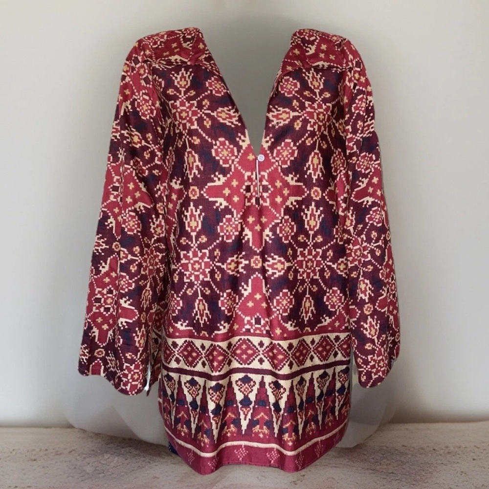 Ralph Lauren Boho Southwestern Boho Tunic Blouse Red Maroon Tan PLUS Size